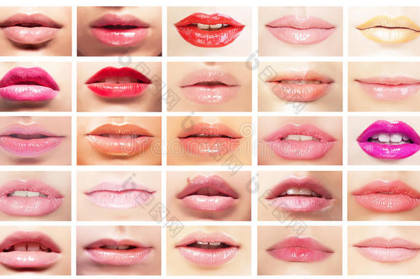 五颜六色的嘴。女人的嘴唇。亮丽化妆品