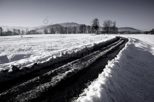穿过雪原的冬季道路