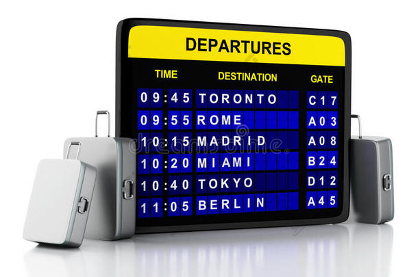 白色背景的3d机场登机牌和旅行箱