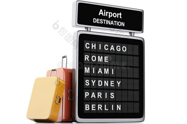 白色背景的3d机场登机牌和旅行箱