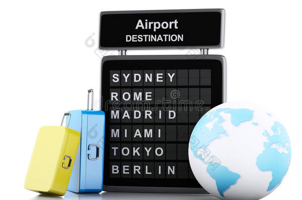 白色背景的3d机场登机牌和<strong>旅行箱</strong>