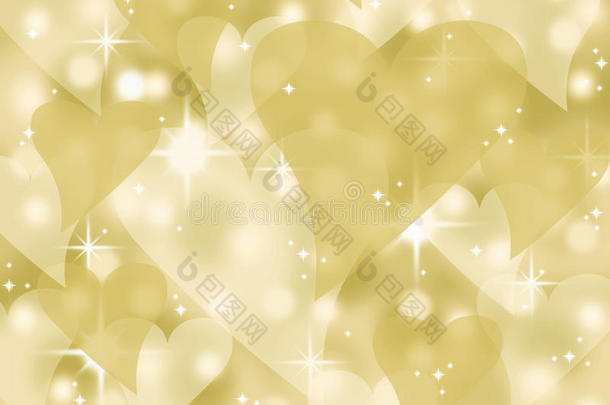 金色bokeh心形情人节贺卡背景插画闪烁的星星和火花