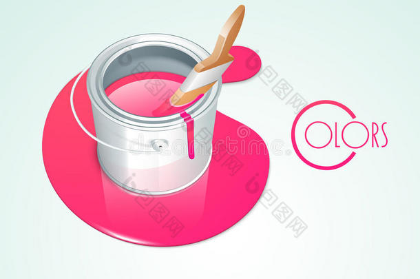 带刷子的粉红色油漆桶。