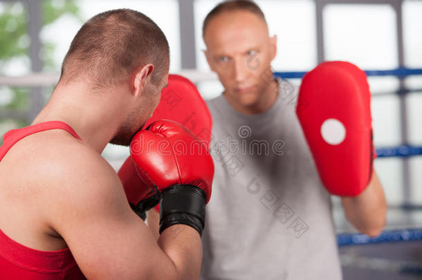 拳击手和他的教练在拳击场上<strong>打斗</strong>。