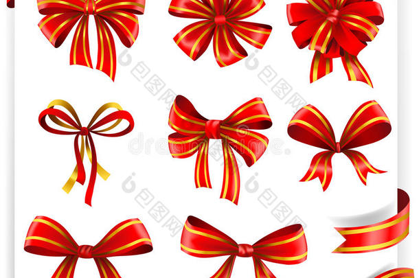 一套带有丝带的红色和金色礼品蝴蝶结。