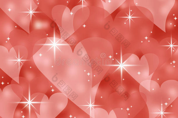 红色抽象bokeh心形情人节贺卡背景插画闪烁的星星和火花