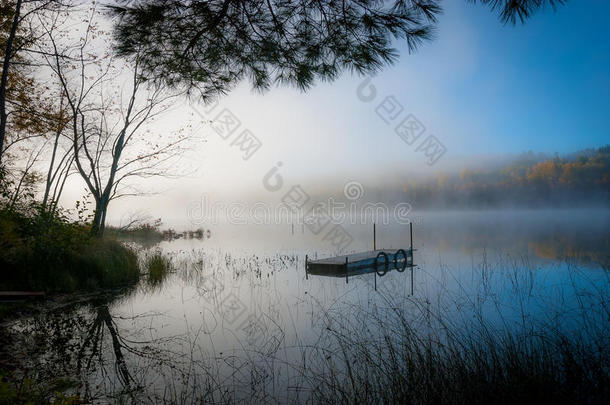 搁浅。在安大略省北部的一个湖上，一个游泳码头坐落在雾蒙蒙的水中。