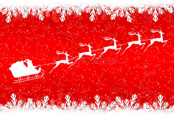 圣诞老人坐在红色背景的驯鹿雪橇上