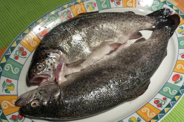 盘子里的生鳟鱼随时可以烹调