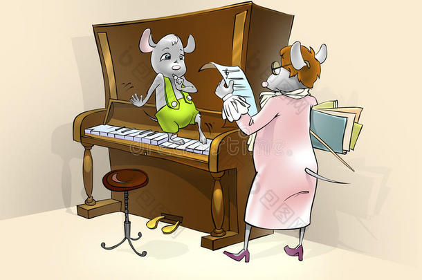 小老鼠在上钢琴课。