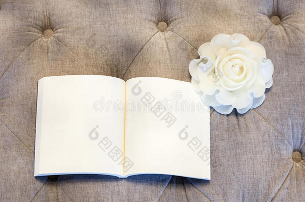 沙发上有白玫瑰的空白页