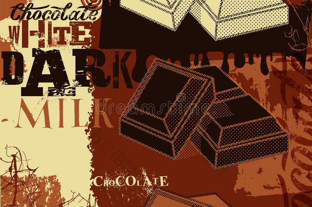 复古巧克力海报设计。三种巧克力：白色黑暗和牛奶。矢量图解