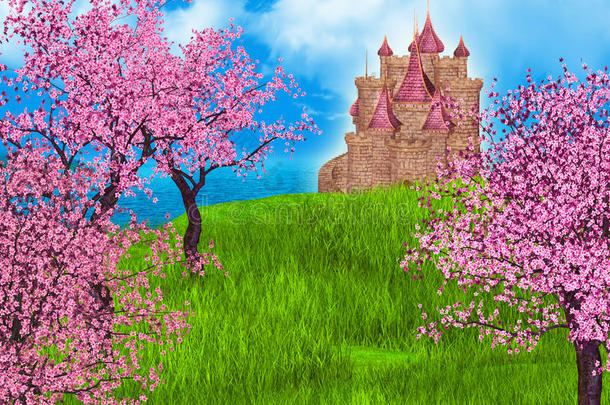 童话背景与幻想城堡和<strong>樱花</strong>