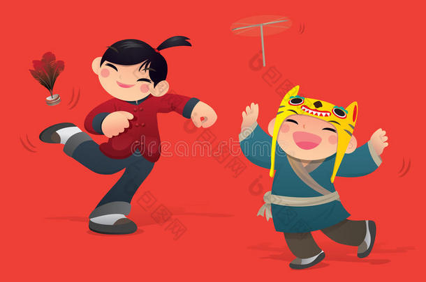 中国孩子玩毽子和竹蜻蜓
