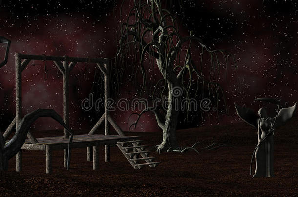 死亡天使-幽灵般的夜晚背景，绞架，乌鸦和令人毛骨悚然的树木