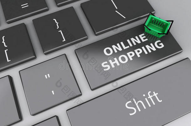 电脑键盘上的3D购物篮。 网上购物的概念