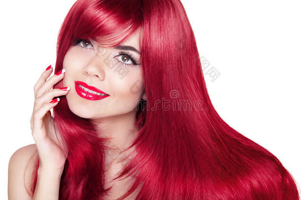 红头发的美丽微笑的女孩。长<strong>直发</strong>闪耀