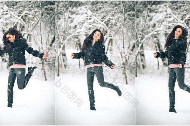 迷人的黑发女孩穿着黑色摆姿势在冬天的风景中玩耍。 美丽的年轻女人，长发享受雪