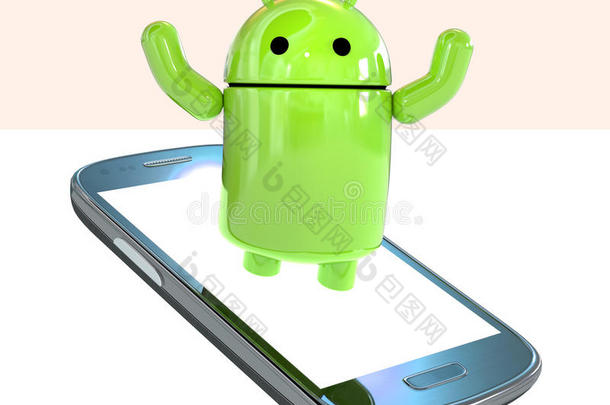 谷歌AndroidOS标志吉祥物机器人出现在一个智能手机隔离在白色背景