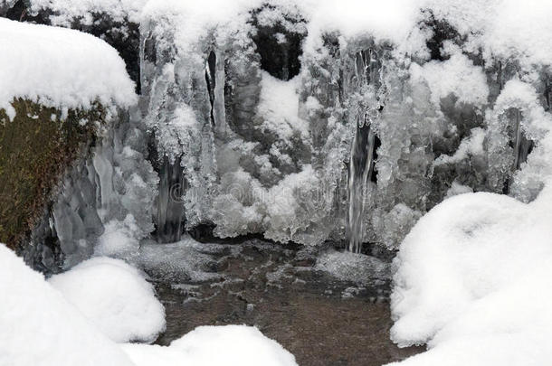 冰冻的水，雪和小溪流