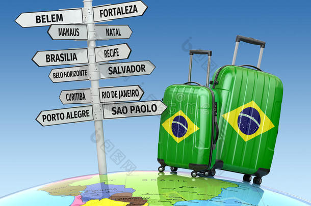 旅游概念。旅行箱和路标去巴西旅游。