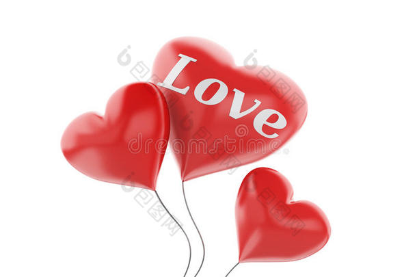三维红心气球，情人节概念孤立在惠特