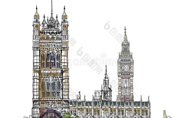 伦敦大本钟和议会大厦，素描集，白金汉宫大门