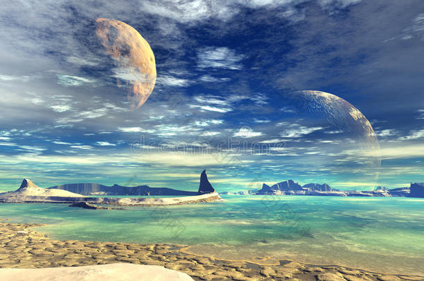 3d渲染的幻想外星行星。岩石与月亮