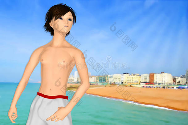 动画风格的男孩在海滩上