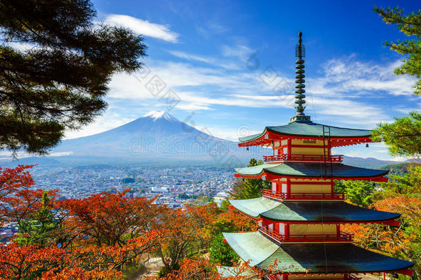 日本富士吉田，富士山，带朱丽托宝塔