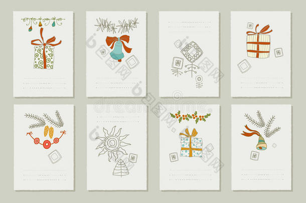手绘圣诞和新年浪漫邀请函。 八张温柔的卡片。