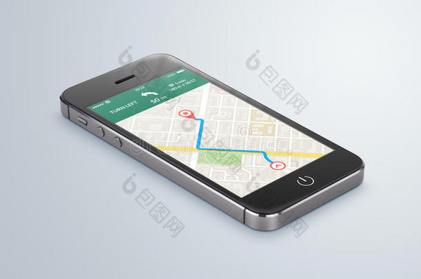 黑色移动智能手机与地图GPS导航应用程序位于