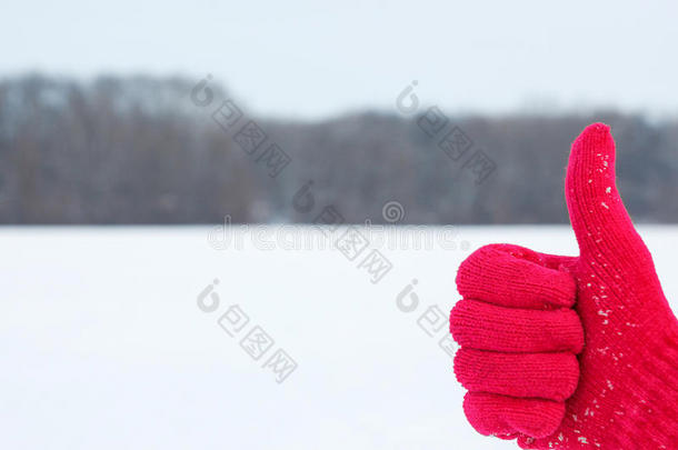 冬天用拇指戴着红色羊毛手套