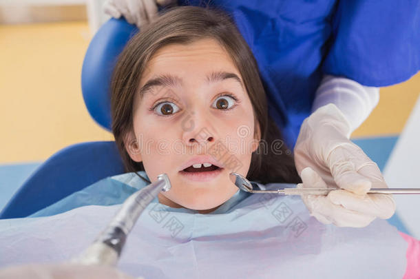 牙医和他的牙科助理检查一个吓坏了的年轻病人
