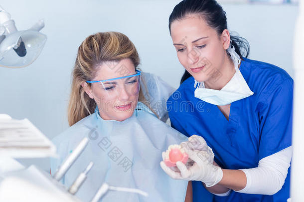 牙医展示患者牙齿模型