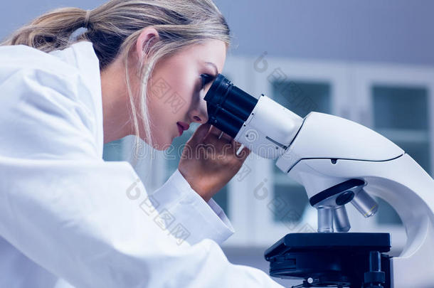 理工科学生在实验室里用显微镜观察