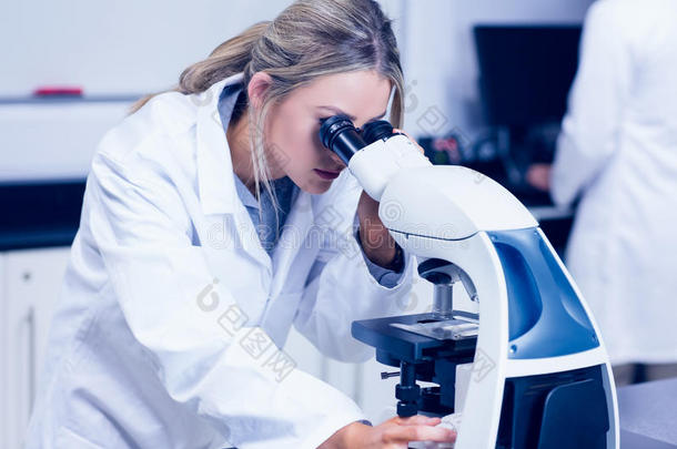 理工科学生在实验室里用显微镜观察