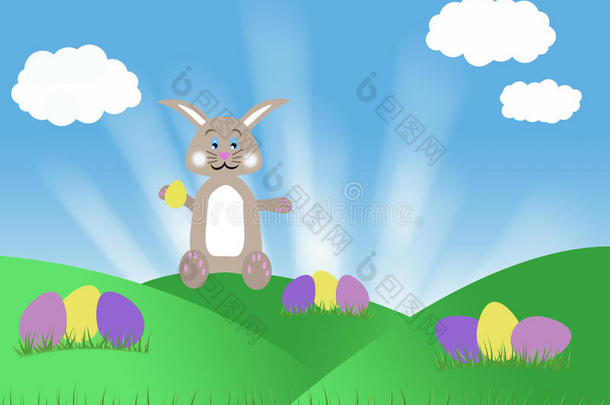 棕色巧克力复活节兔子与鸡蛋蓝天和绿草春天插图