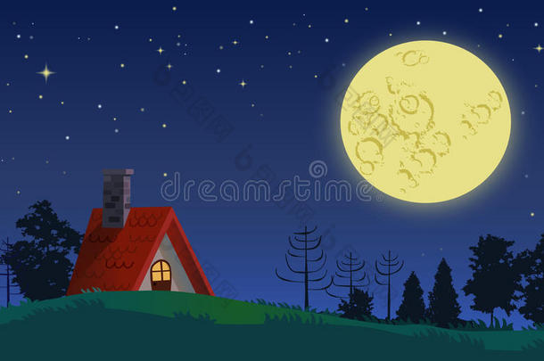 满月之夜的乡村小屋