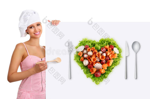 概念素食厨师妇女指向广告牌沙拉心形
