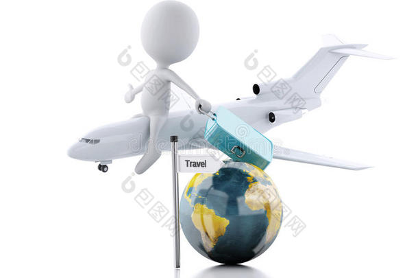 带手提箱和飞机的3D白人游客。 旅行公司