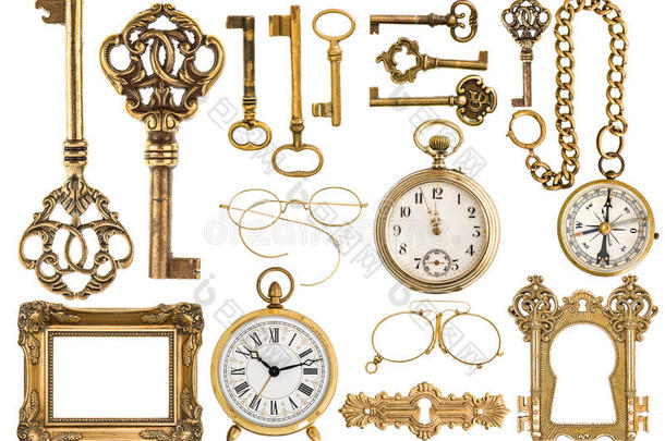 黄金古董配件。 巴洛克式框架，老式钥匙，时钟