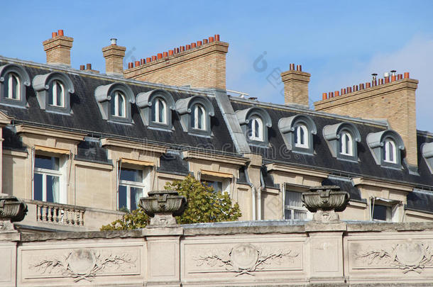 在巴黎（法国)的建筑物屋顶上安装了多尔窗和烟囱）
