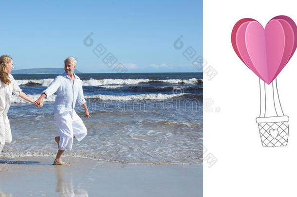 幸福情侣赤脚在沙滩上蹦蹦跳跳的合成图片
