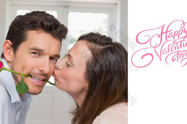 一个爱的女人亲吻男人的侧面视图的复合图像