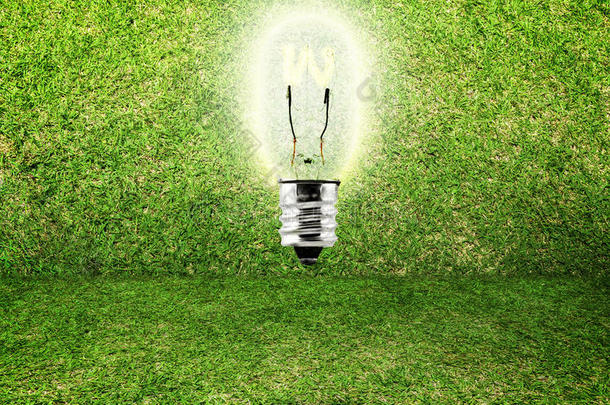 草房背景的发光灯泡，环保理念