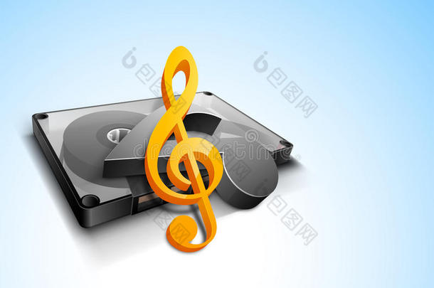 带盒式磁带和3D音乐符号的音乐概念。
