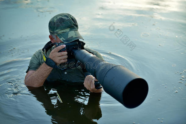 户外野生<strong>动物摄影</strong>师站在水里