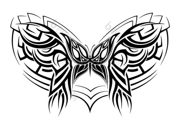 卷发和装饰抽象剪影蝴蝶的装饰组成。 也许是为了纹身
