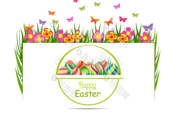 复活节鸡蛋春天与草和蝴蝶贺卡